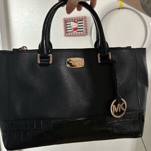 Michael Kors Black Satchel with Gold MK Charm and crocodile bottom